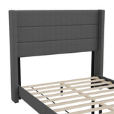 Hollis Full Upholstered Platform Bed with Wingback Headboard, Mattress Foundation with Slatted Supports, No Box Spring Needed, Charcoal Faux Linen