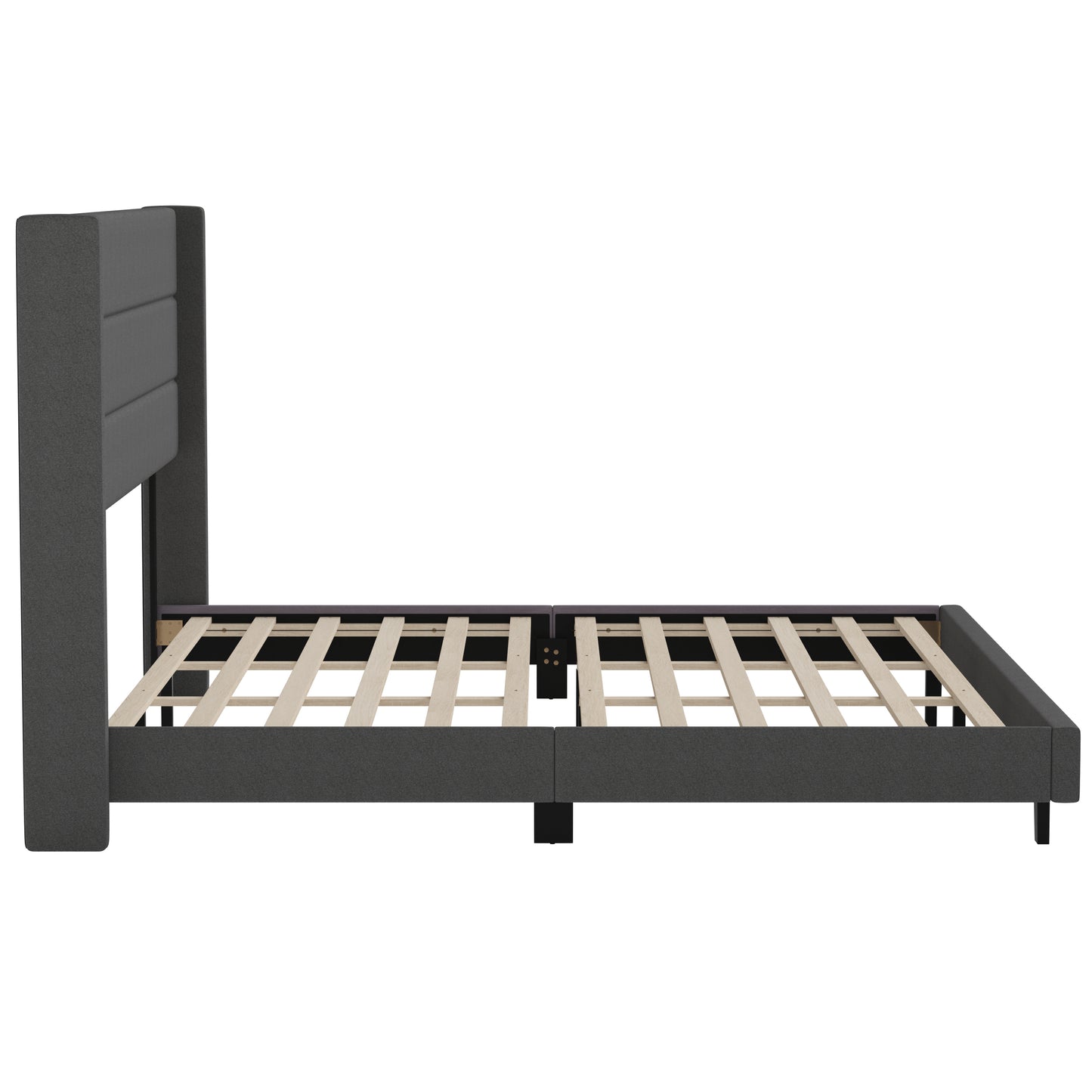 Hollis King Upholstered Platform Bed with Wingback Headboard, Mattress Foundation with Slatted Supports, No Box Spring Needed, Charcoal Faux Linen