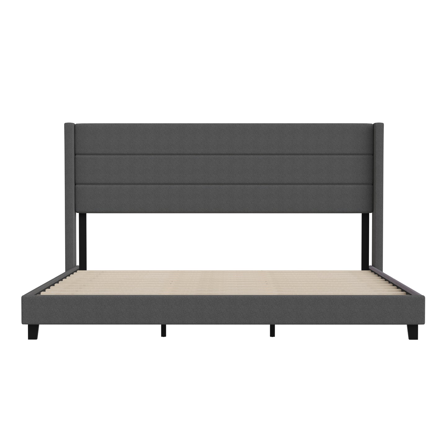 Hollis King Upholstered Platform Bed with Wingback Headboard, Mattress Foundation with Slatted Supports, No Box Spring Needed, Charcoal Faux Linen