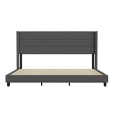 Hollis King Upholstered Platform Bed with Wingback Headboard, Mattress Foundation with Slatted Supports, No Box Spring Needed, Charcoal Faux Linen