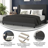 Hollis King Upholstered Platform Bed with Wingback Headboard, Mattress Foundation with Slatted Supports, No Box Spring Needed, Charcoal Faux Linen