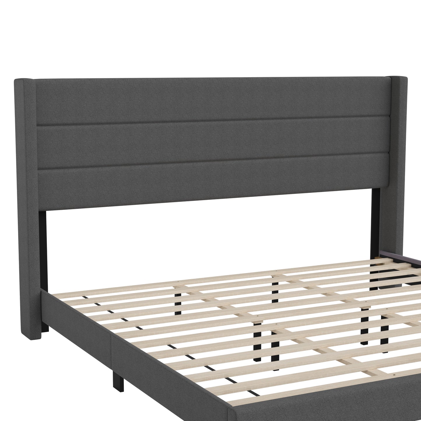 Hollis King Upholstered Platform Bed with Wingback Headboard, Mattress Foundation with Slatted Supports, No Box Spring Needed, Charcoal Faux Linen