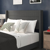 Hollis Queen Upholstered Platform Bed with Wingback Headboard, Mattress Foundation with Slatted Supports, No Box Spring Needed, Charcoal Faux Linen