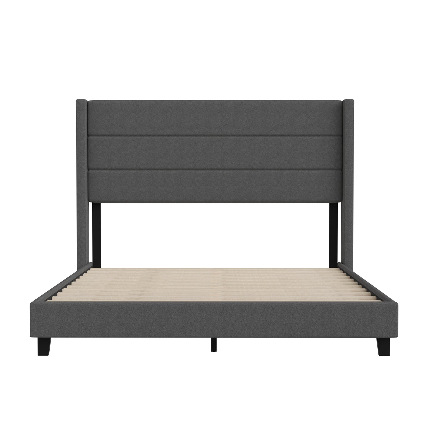 Hollis Queen Upholstered Platform Bed with Wingback Headboard, Mattress Foundation with Slatted Supports, No Box Spring Needed, Charcoal Faux Linen