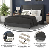 Hollis Queen Upholstered Platform Bed with Wingback Headboard, Mattress Foundation with Slatted Supports, No Box Spring Needed, Charcoal Faux Linen
