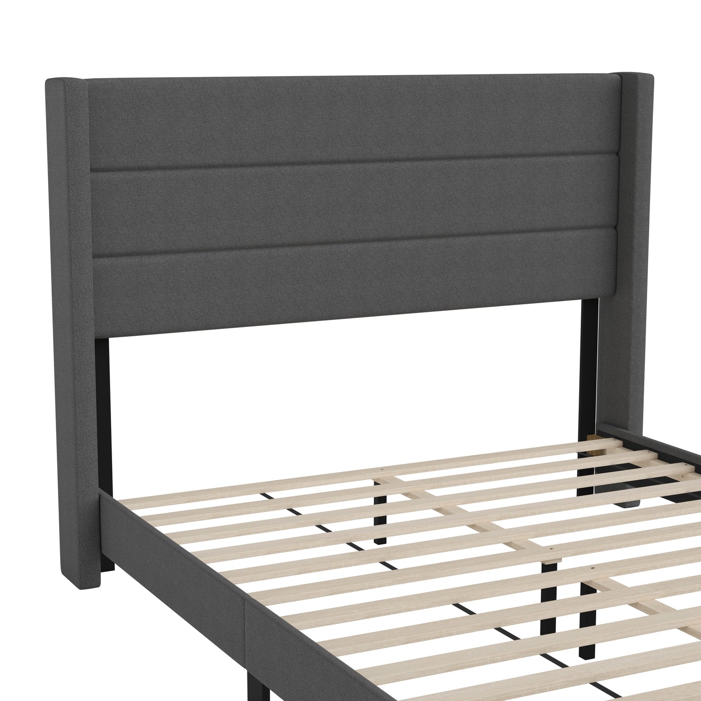 Hollis Queen Upholstered Platform Bed with Wingback Headboard, Mattress Foundation with Slatted Supports, No Box Spring Needed, Charcoal Faux Linen