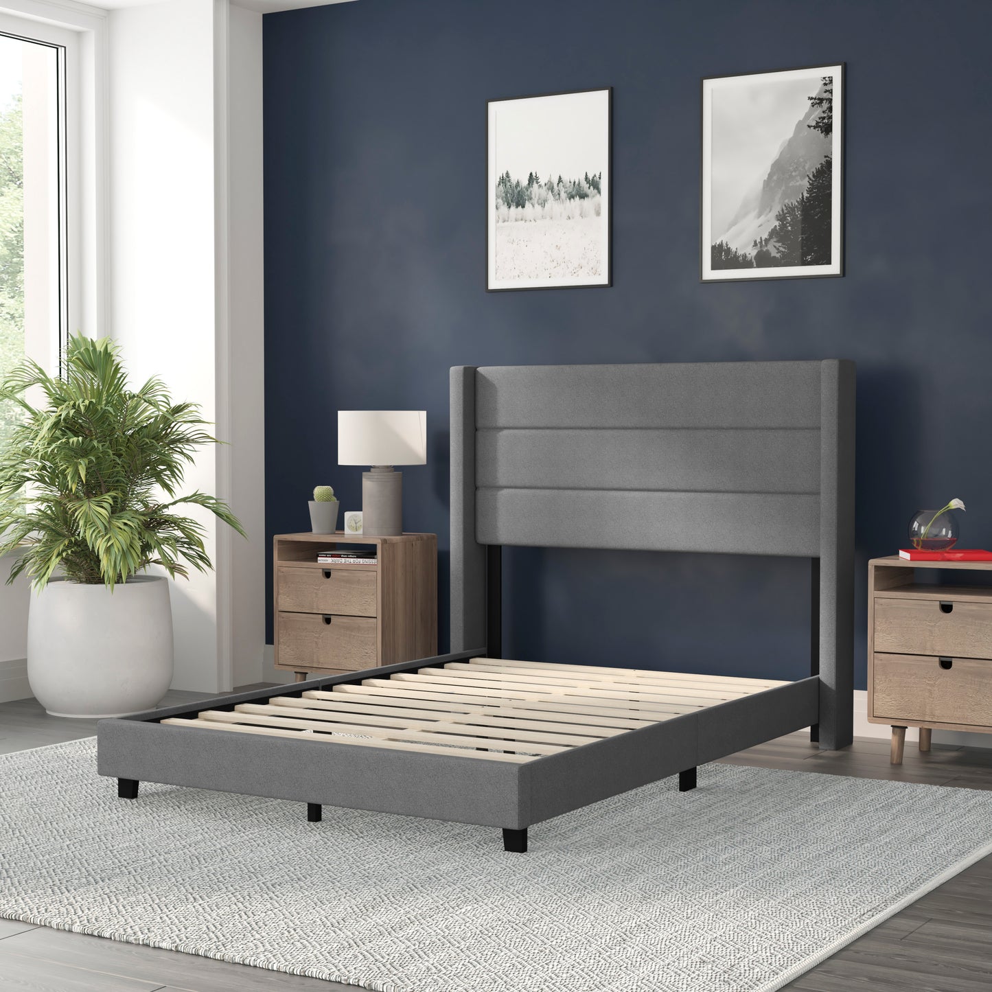 Hollis Full Upholstered Platform Bed with Wingback Headboard, Mattress Foundation with Slatted Supports, No Box Spring Needed, Gray Faux Linen