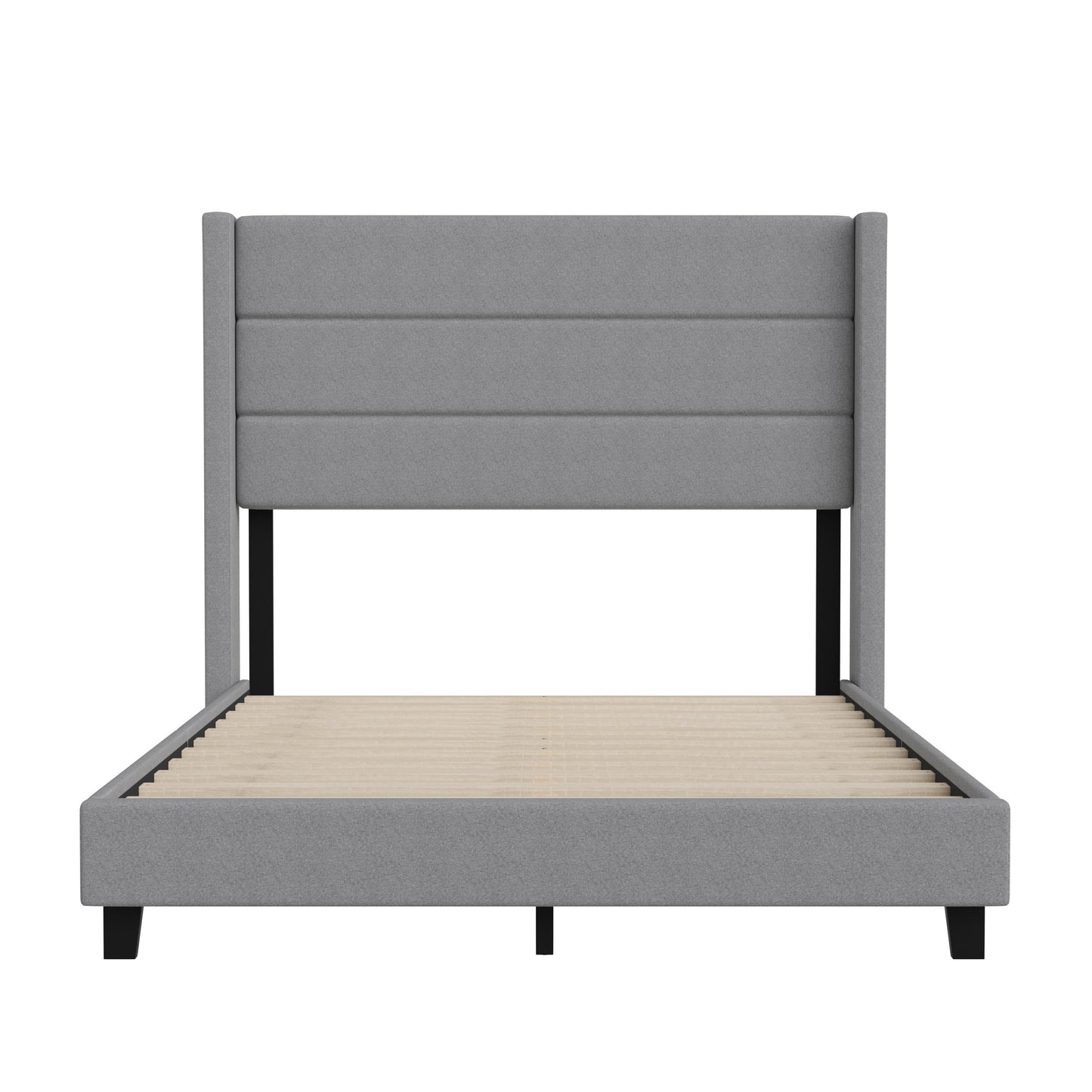 Hollis Full Upholstered Platform Bed with Wingback Headboard, Mattress Foundation with Slatted Supports, No Box Spring Needed, Gray Faux Linen