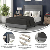 Hollis Full Upholstered Platform Bed with Wingback Headboard, Mattress Foundation with Slatted Supports, No Box Spring Needed, Gray Faux Linen