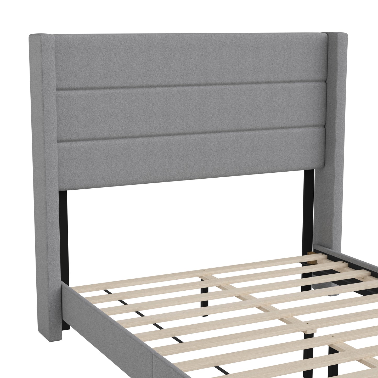 Hollis Full Upholstered Platform Bed with Wingback Headboard, Mattress Foundation with Slatted Supports, No Box Spring Needed, Gray Faux Linen
