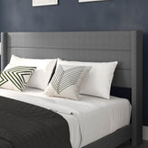 Hollis King Upholstered Platform Bed with Wingback Headboard, Mattress Foundation with Slatted Supports, No Box Spring Needed, Gray Faux Linen
