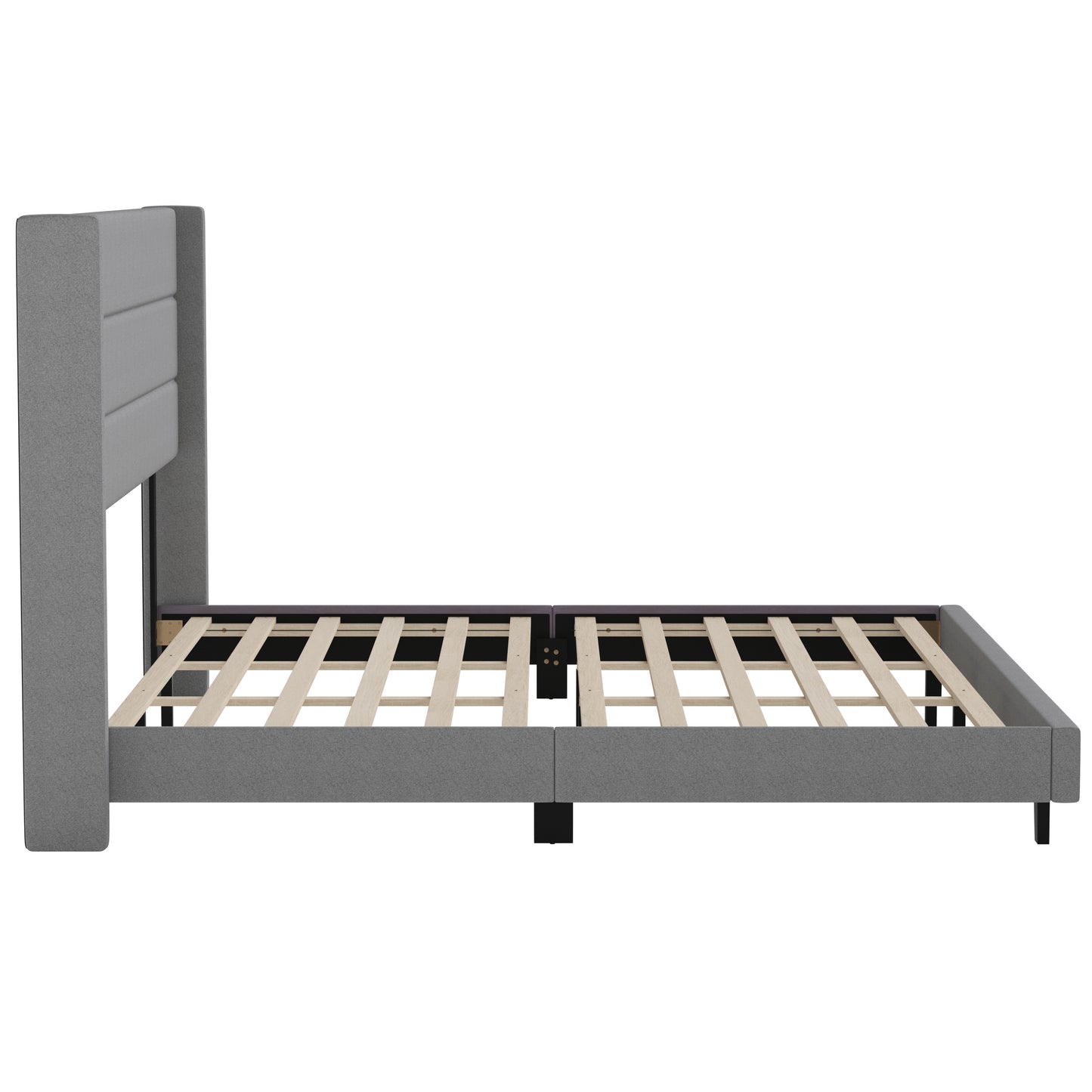 Hollis King Upholstered Platform Bed with Wingback Headboard, Mattress Foundation with Slatted Supports, No Box Spring Needed, Gray Faux Linen