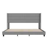 Hollis King Upholstered Platform Bed with Wingback Headboard, Mattress Foundation with Slatted Supports, No Box Spring Needed, Gray Faux Linen
