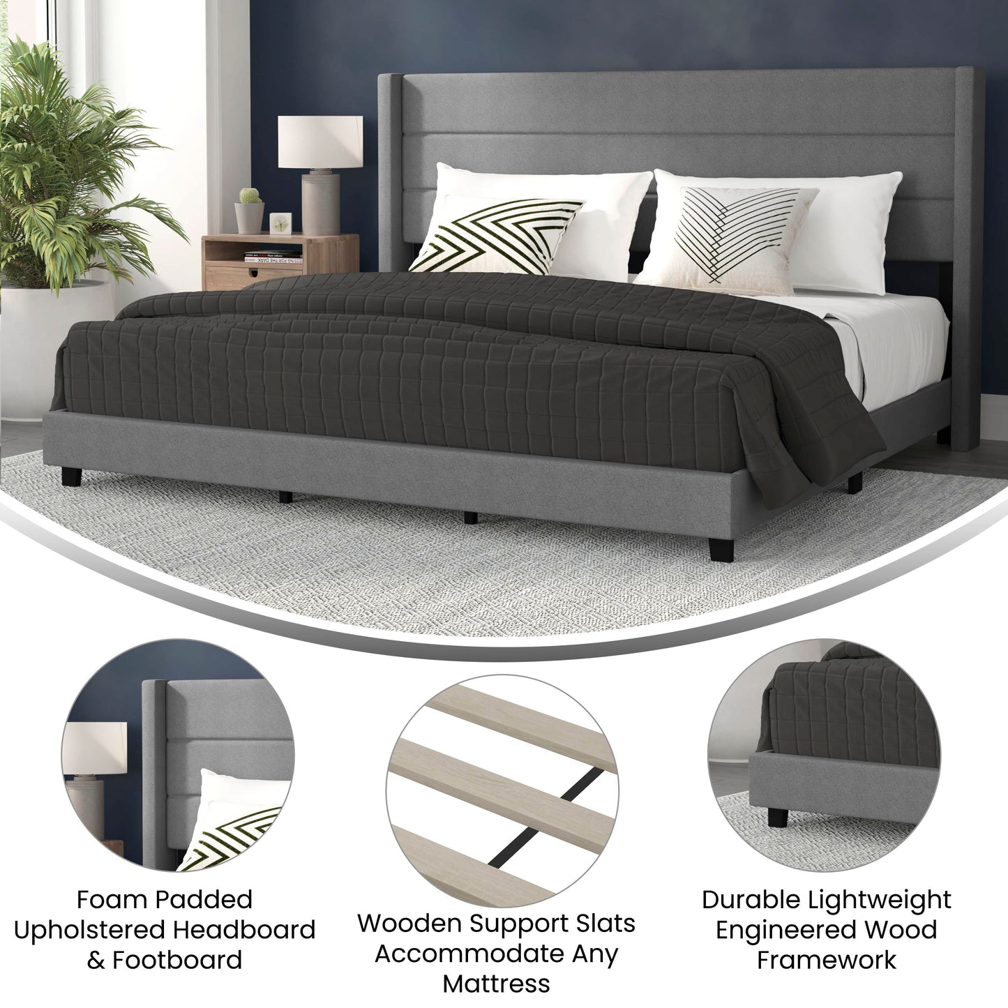 Hollis King Upholstered Platform Bed with Wingback Headboard, Mattress Foundation with Slatted Supports, No Box Spring Needed, Gray Faux Linen