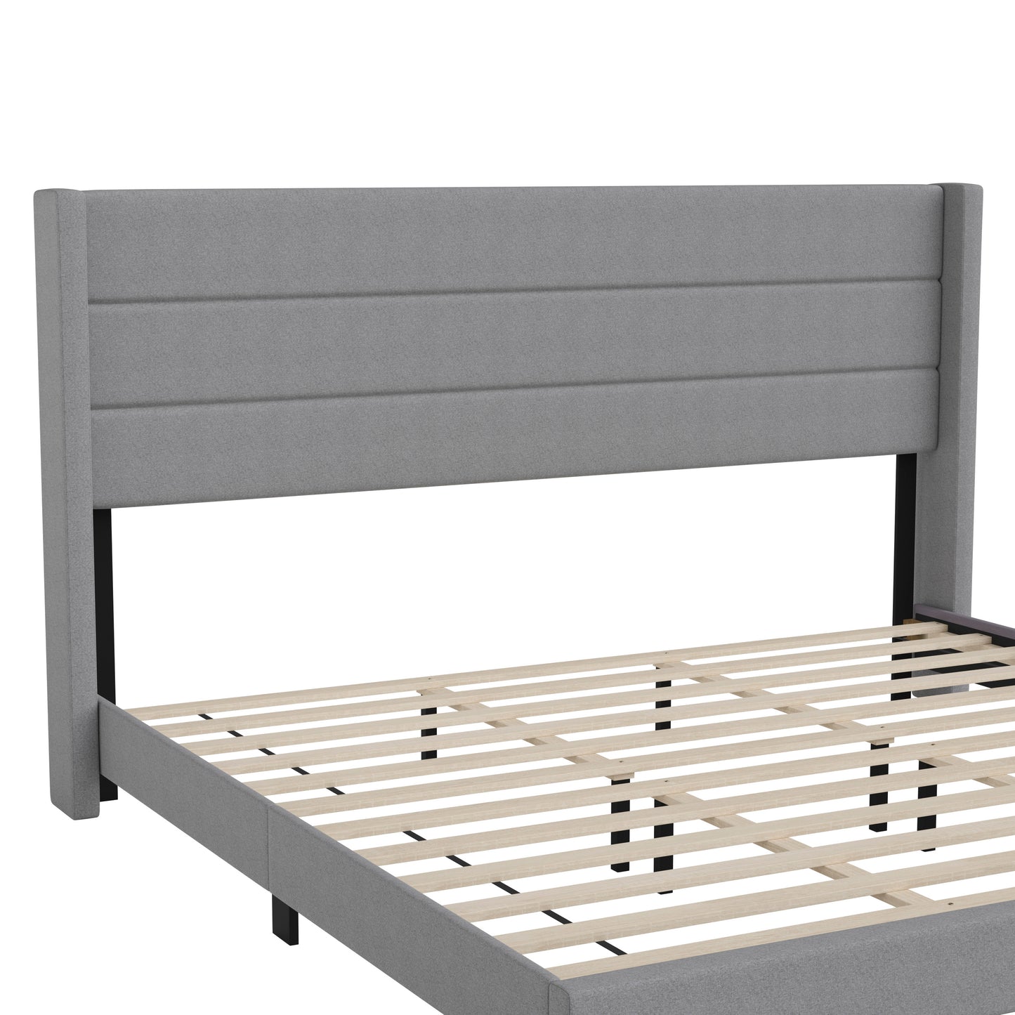 Hollis King Upholstered Platform Bed with Wingback Headboard, Mattress Foundation with Slatted Supports, No Box Spring Needed, Gray Faux Linen