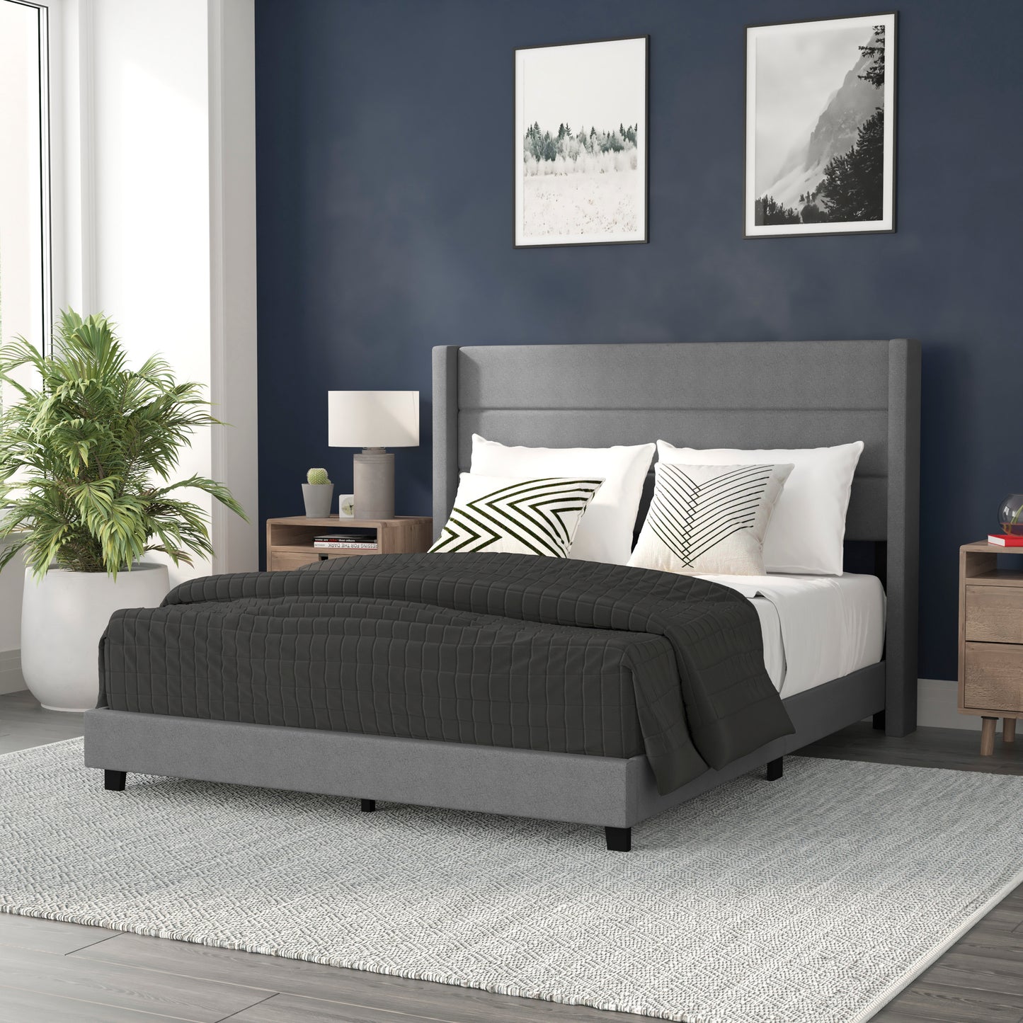 Hollis Queen Upholstered Platform Bed with Wingback Headboard, Mattress Foundation with Slatted Supports, No Box Spring Needed, Gray Faux Linen