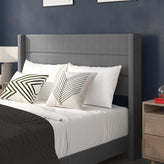 Hollis Queen Upholstered Platform Bed with Wingback Headboard, Mattress Foundation with Slatted Supports, No Box Spring Needed, Gray Faux Linen