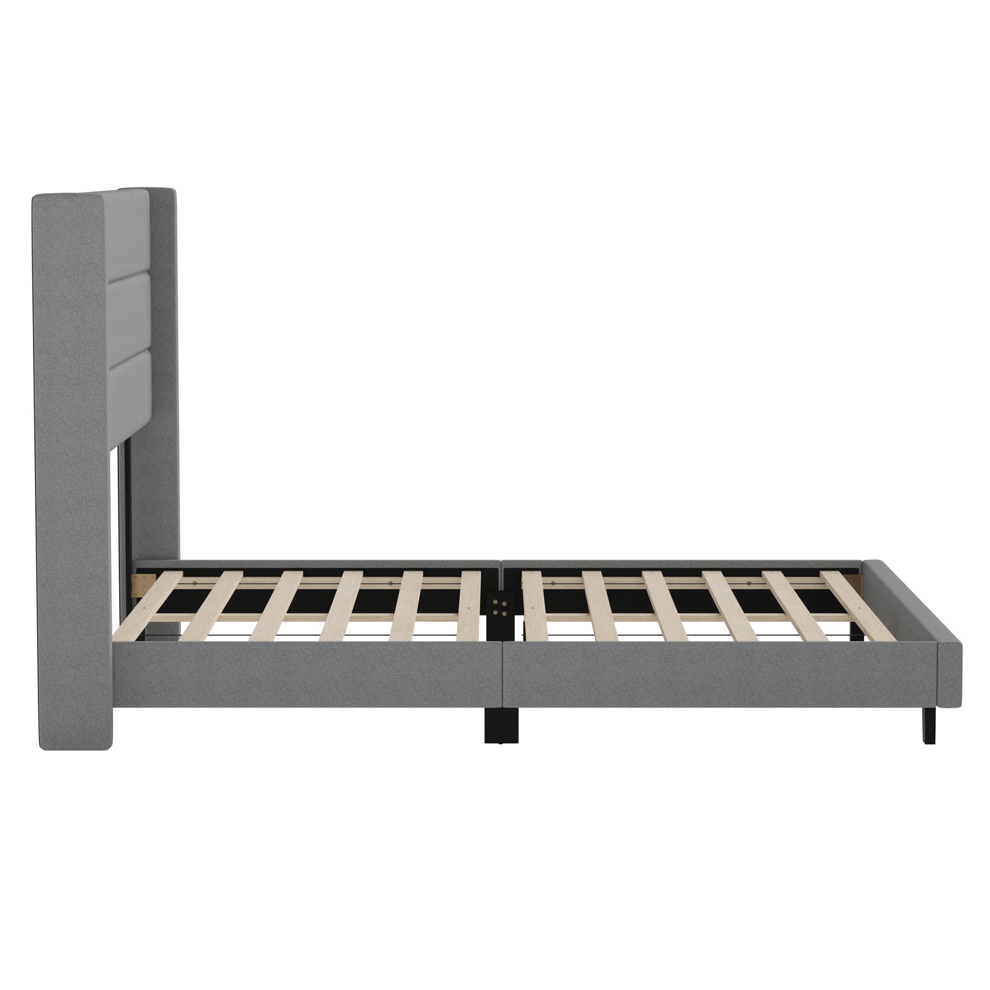 Hollis Queen Upholstered Platform Bed with Wingback Headboard, Mattress Foundation with Slatted Supports, No Box Spring Needed, Gray Faux Linen
