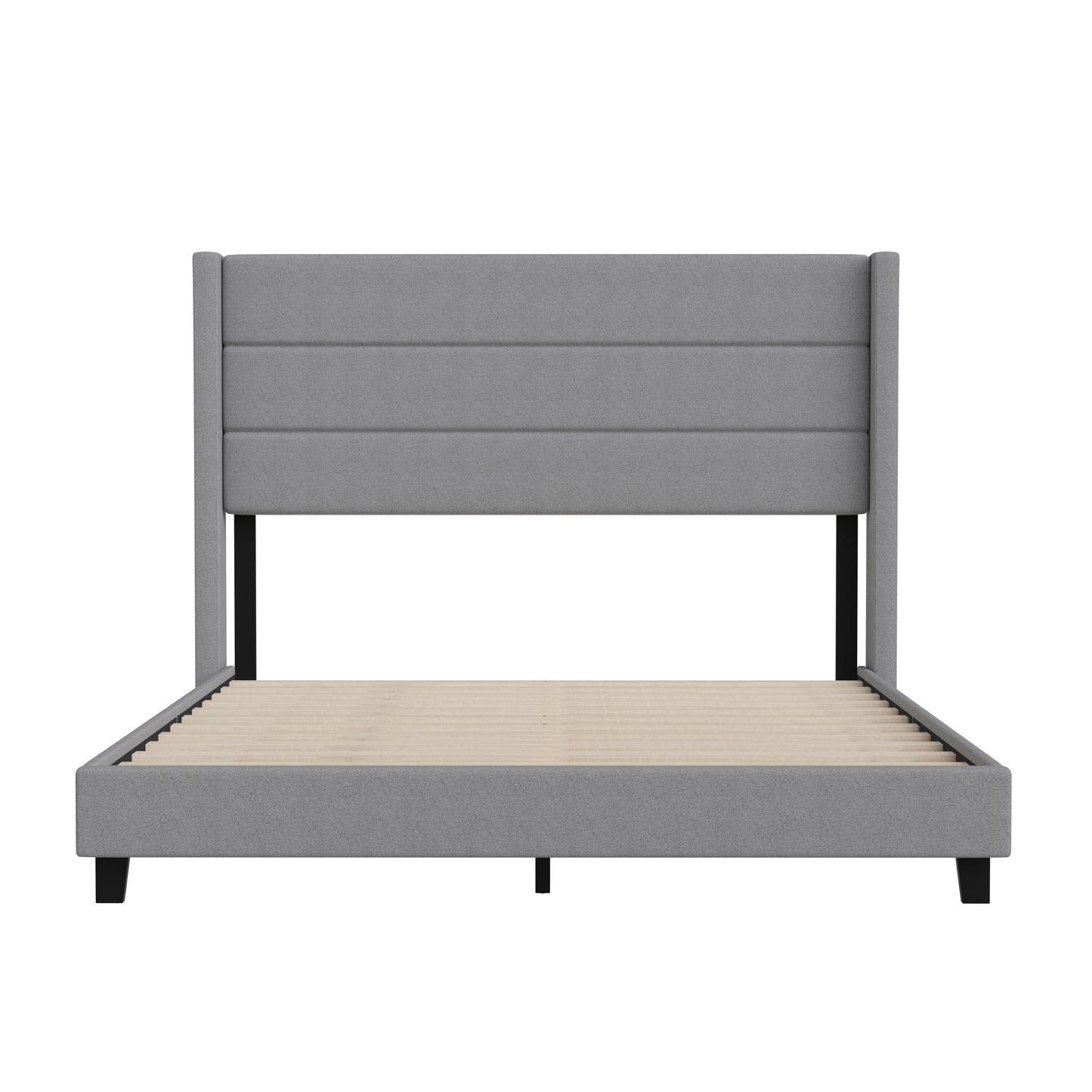 Hollis Queen Upholstered Platform Bed with Wingback Headboard, Mattress Foundation with Slatted Supports, No Box Spring Needed, Gray Faux Linen