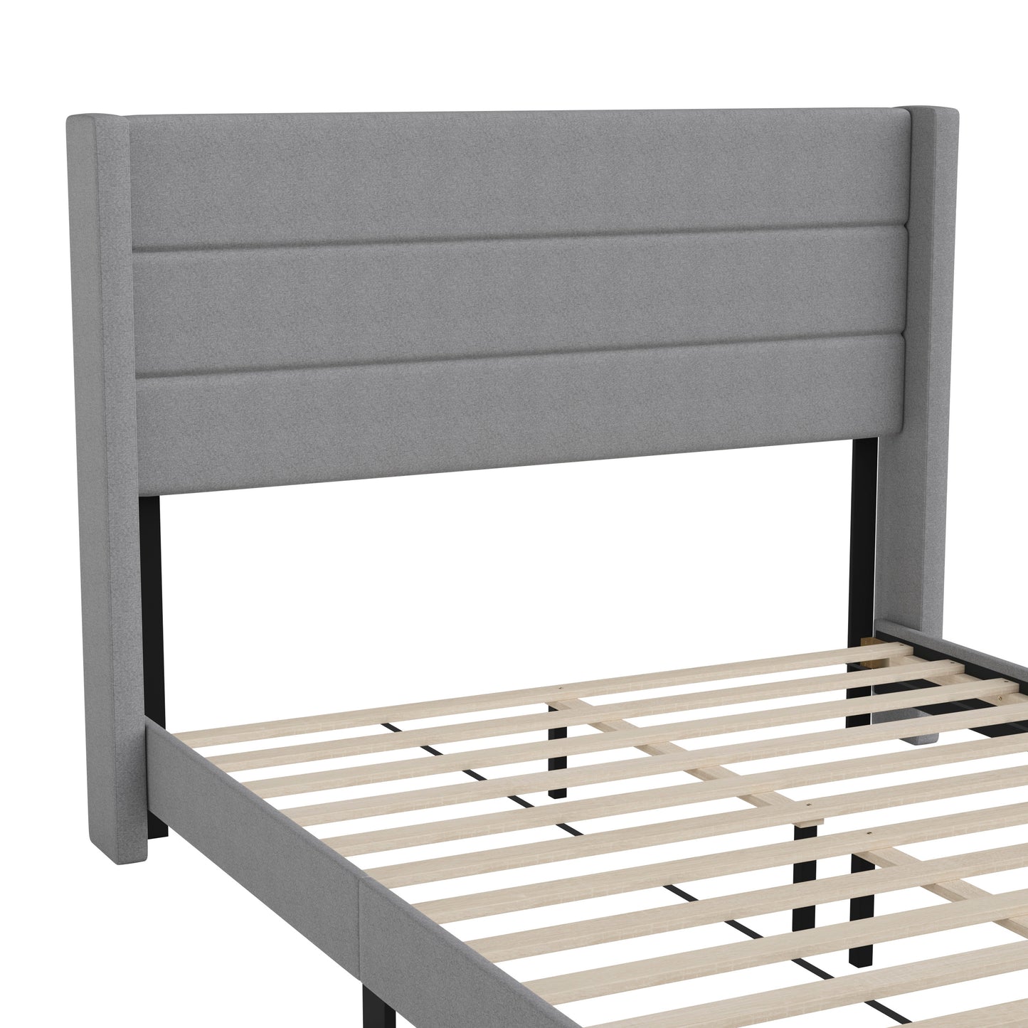 Hollis Queen Upholstered Platform Bed with Wingback Headboard, Mattress Foundation with Slatted Supports, No Box Spring Needed, Gray Faux Linen