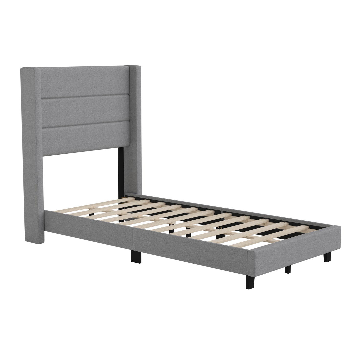 Hollis Twin Upholstered Platform Bed with Wingback Headboard, Mattress Foundation with Slatted Supports, No Box Spring Needed, Gray Faux Linen