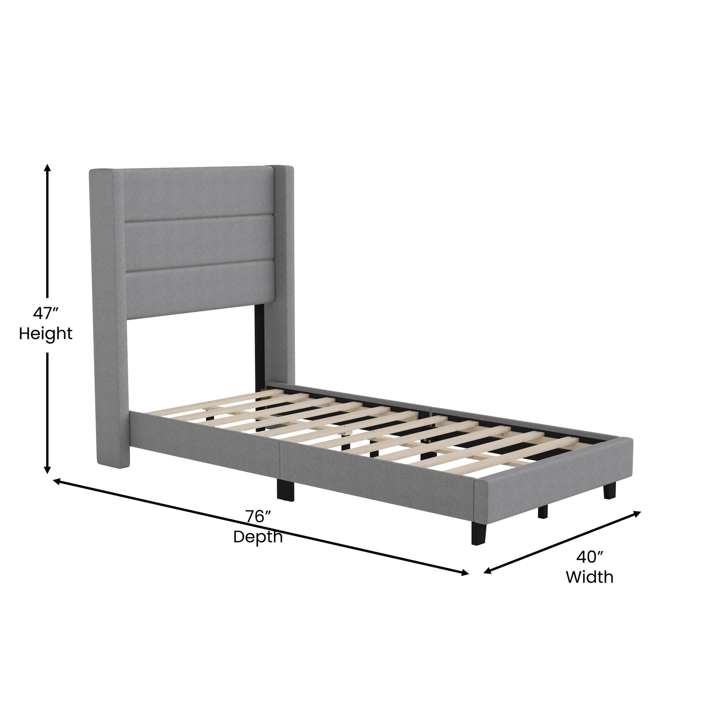 Hollis Twin Upholstered Platform Bed with Wingback Headboard, Mattress Foundation with Slatted Supports, No Box Spring Needed, Gray Faux Linen