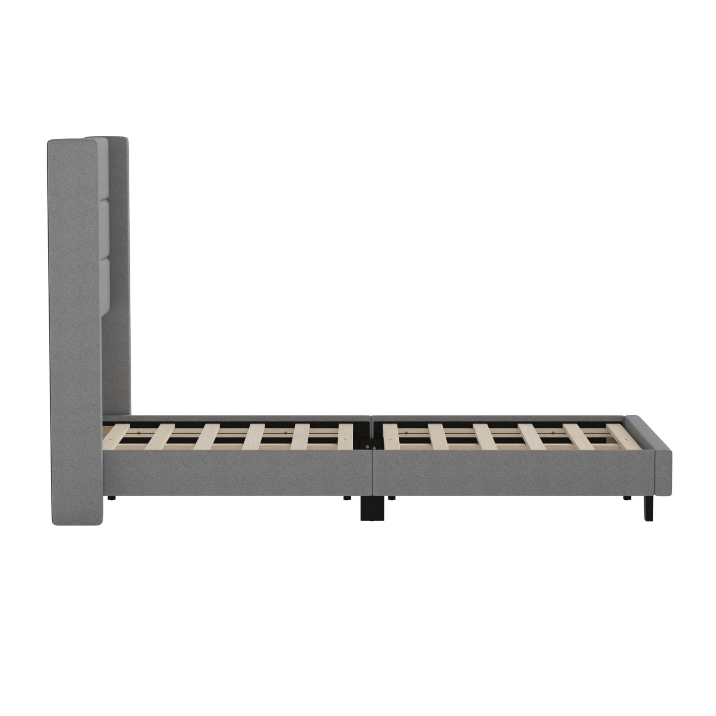 Hollis Twin Upholstered Platform Bed with Wingback Headboard, Mattress Foundation with Slatted Supports, No Box Spring Needed, Gray Faux Linen