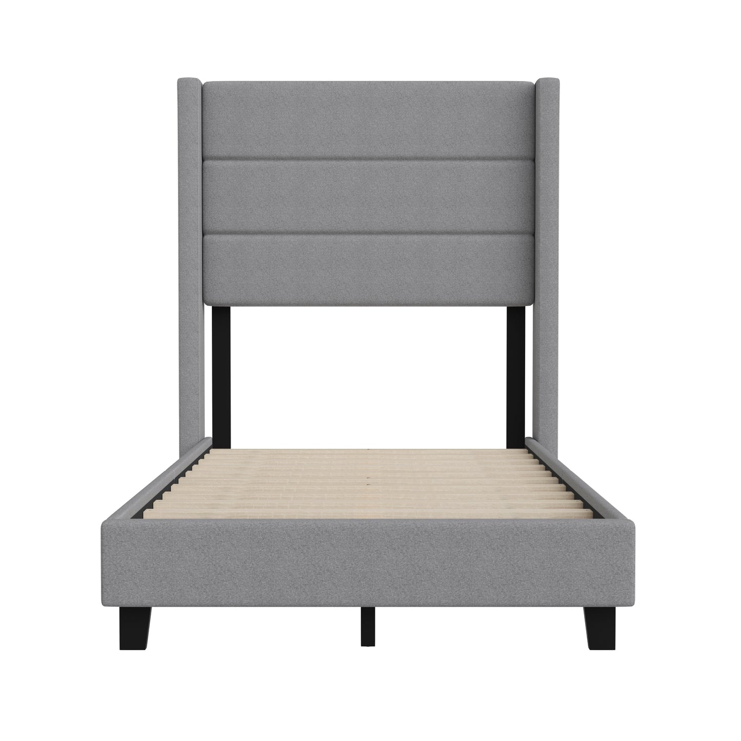 Hollis Twin Upholstered Platform Bed with Wingback Headboard, Mattress Foundation with Slatted Supports, No Box Spring Needed, Gray Faux Linen