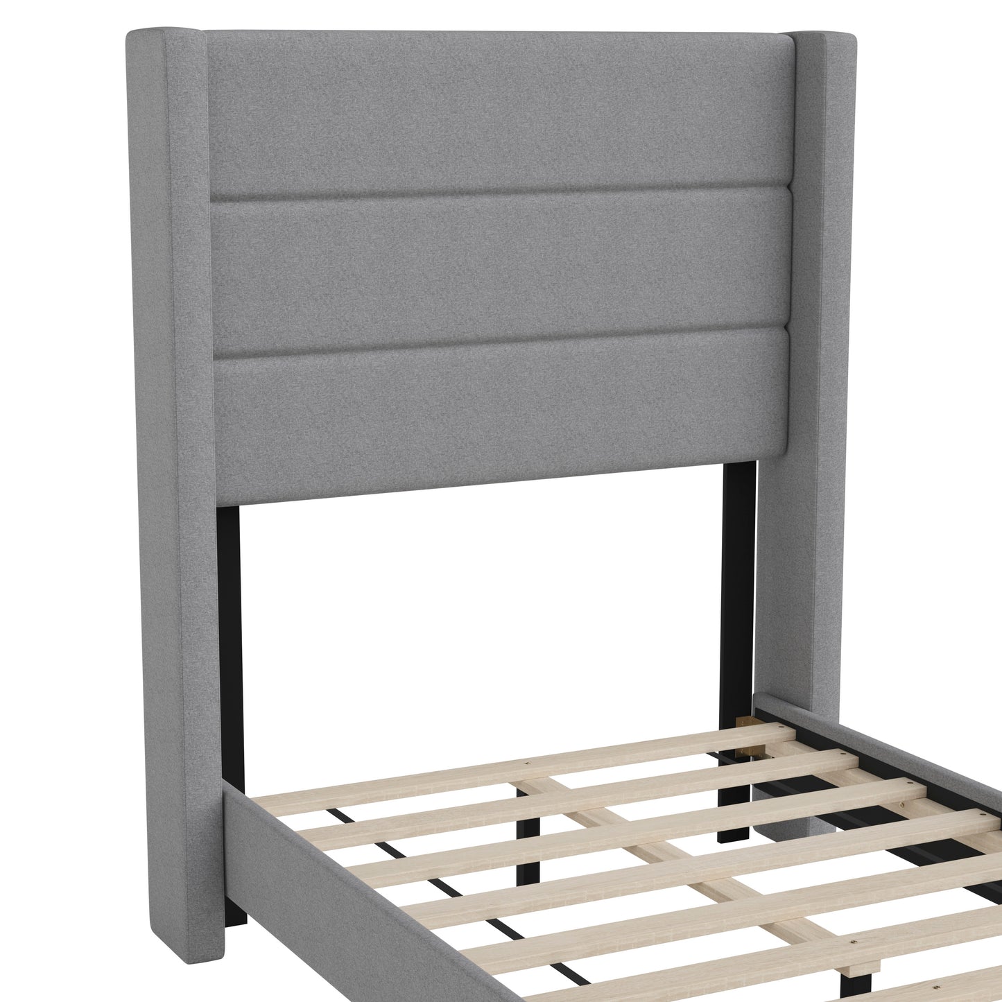 Hollis Twin Upholstered Platform Bed with Wingback Headboard, Mattress Foundation with Slatted Supports, No Box Spring Needed, Gray Faux Linen