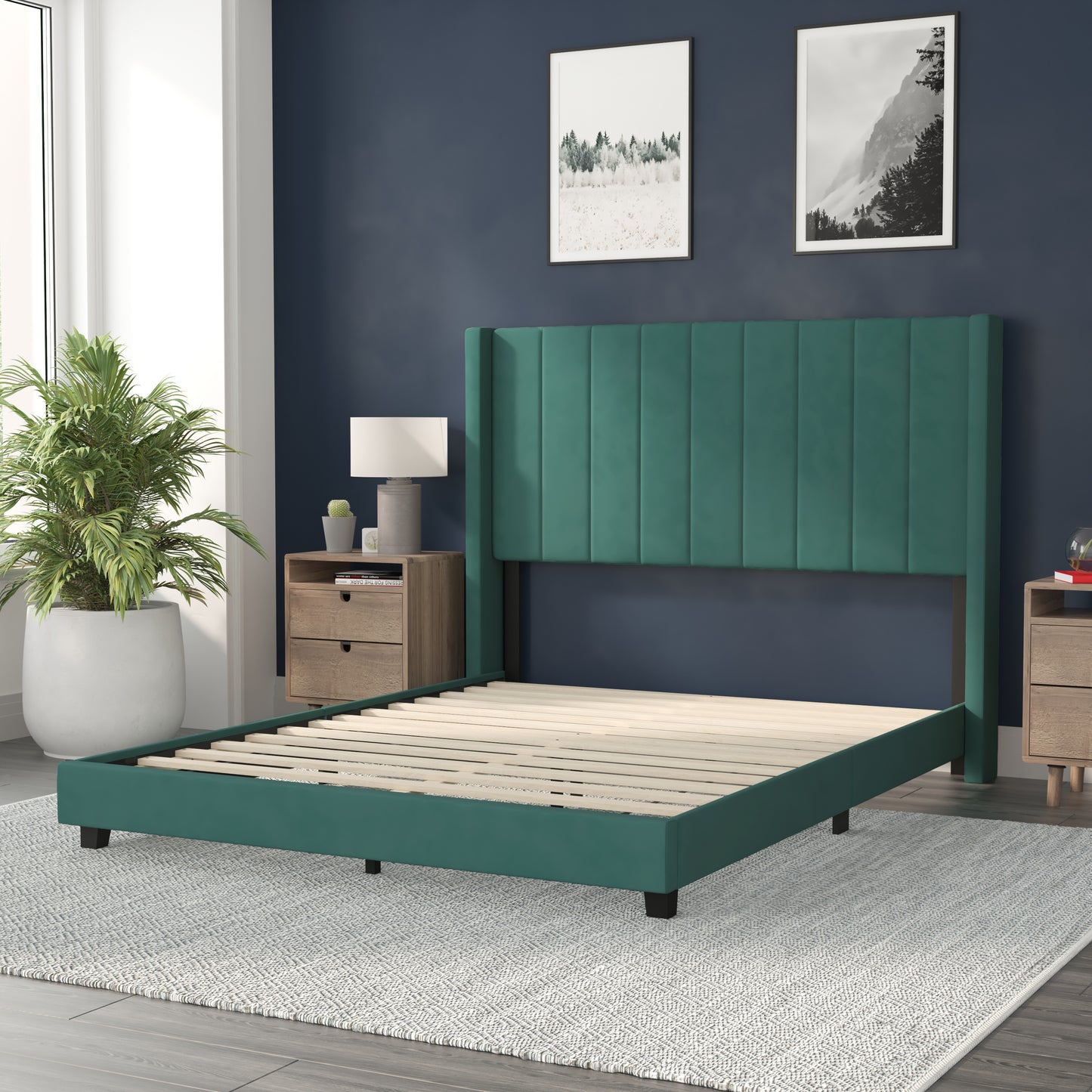 Bianca Queen Upholstered Platform Bed with Vertical Stitched Wingback Headboard, Slatted Mattress Foundation, No Box Spring Needed, Emerald Velvet