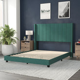 Bianca Queen Upholstered Platform Bed with Vertical Stitched Wingback Headboard, Slatted Mattress Foundation, No Box Spring Needed, Emerald Velvet