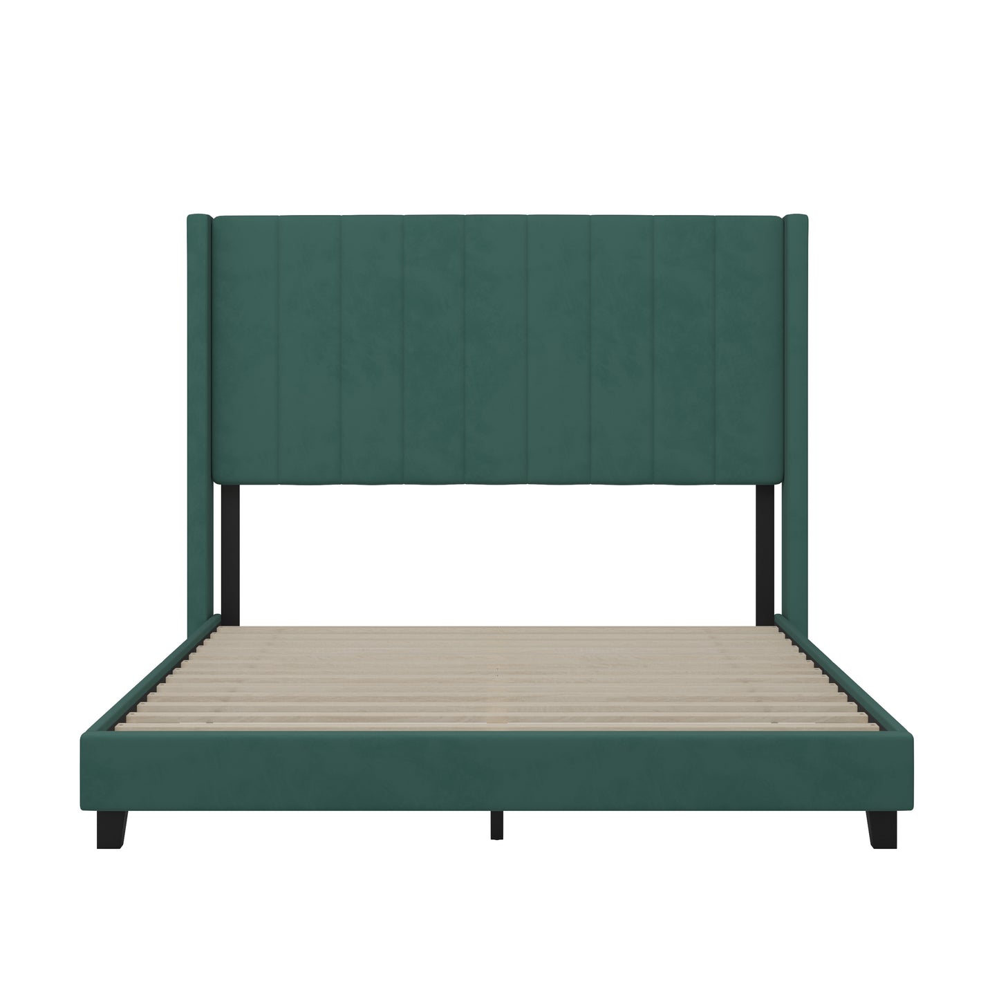 Bianca Queen Upholstered Platform Bed with Vertical Stitched Wingback Headboard, Slatted Mattress Foundation, No Box Spring Needed, Emerald Velvet