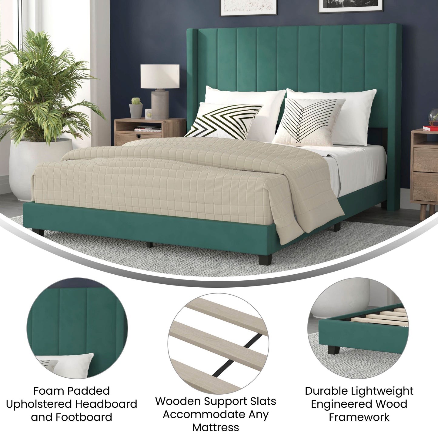 Bianca Queen Upholstered Platform Bed with Vertical Stitched Wingback Headboard, Slatted Mattress Foundation, No Box Spring Needed, Emerald Velvet