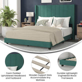Bianca Queen Upholstered Platform Bed with Vertical Stitched Wingback Headboard, Slatted Mattress Foundation, No Box Spring Needed, Emerald Velvet