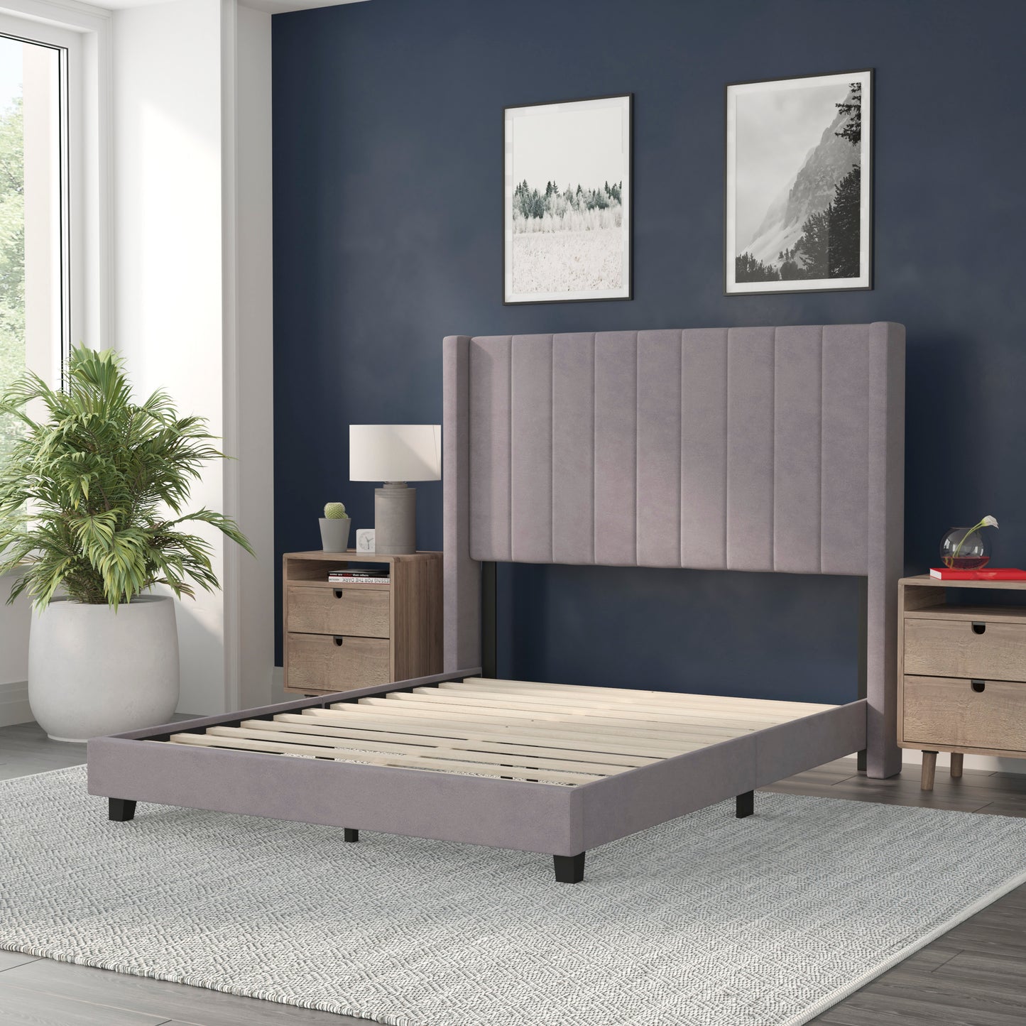Bianca Full Upholstered Platform Bed with Vertical Stitched Wingback Headboard, Slatted Mattress Foundation, No Box Spring Needed, Gray Velvet