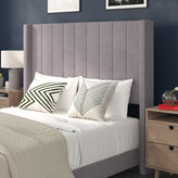 Bianca Full Upholstered Platform Bed with Vertical Stitched Wingback Headboard, Slatted Mattress Foundation, No Box Spring Needed, Gray Velvet