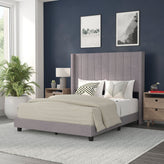 Bianca Full Upholstered Platform Bed with Vertical Stitched Wingback Headboard, Slatted Mattress Foundation, No Box Spring Needed, Gray Velvet
