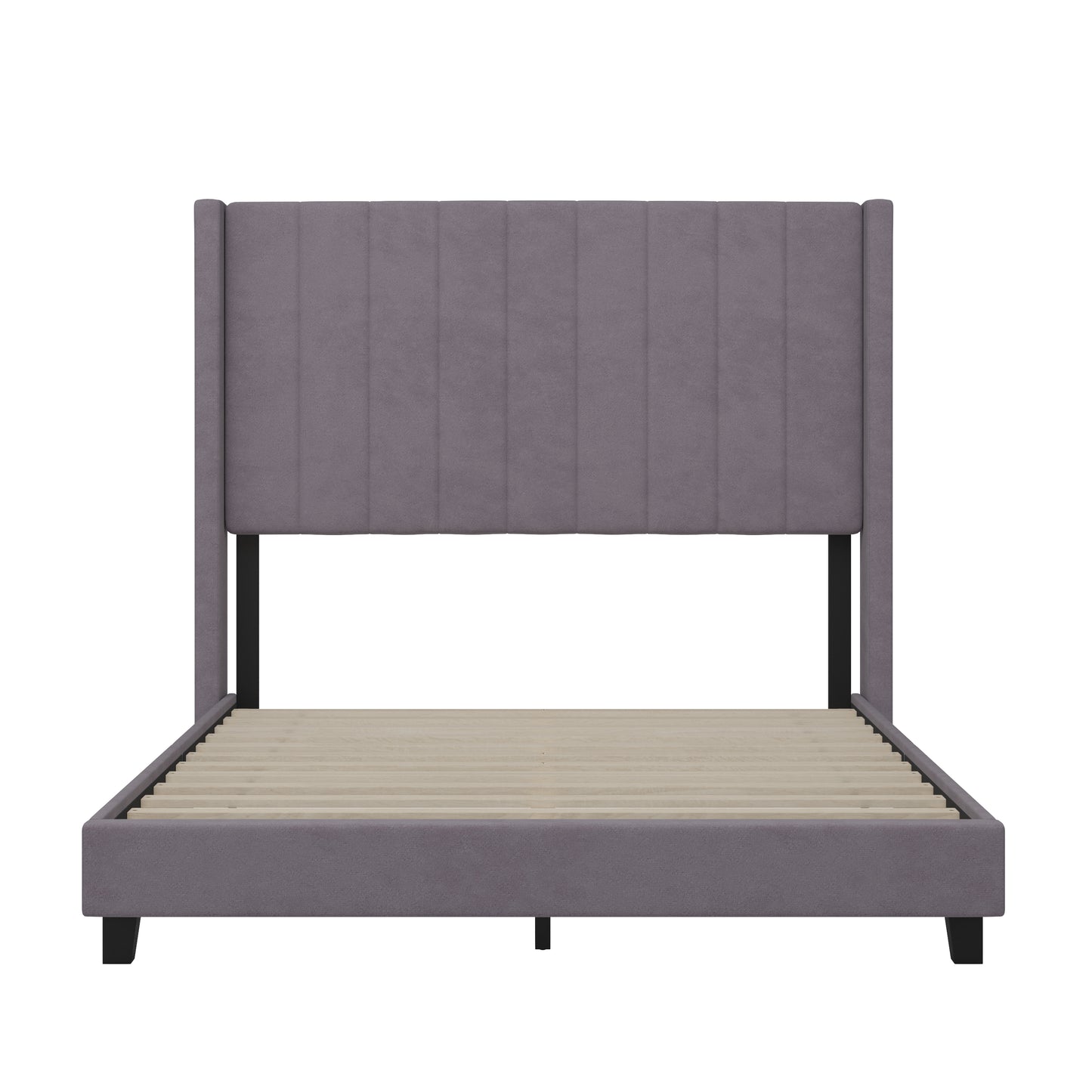 Bianca Full Upholstered Platform Bed with Vertical Stitched Wingback Headboard, Slatted Mattress Foundation, No Box Spring Needed, Gray Velvet
