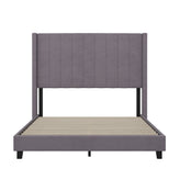 Bianca Full Upholstered Platform Bed with Vertical Stitched Wingback Headboard, Slatted Mattress Foundation, No Box Spring Needed, Gray Velvet