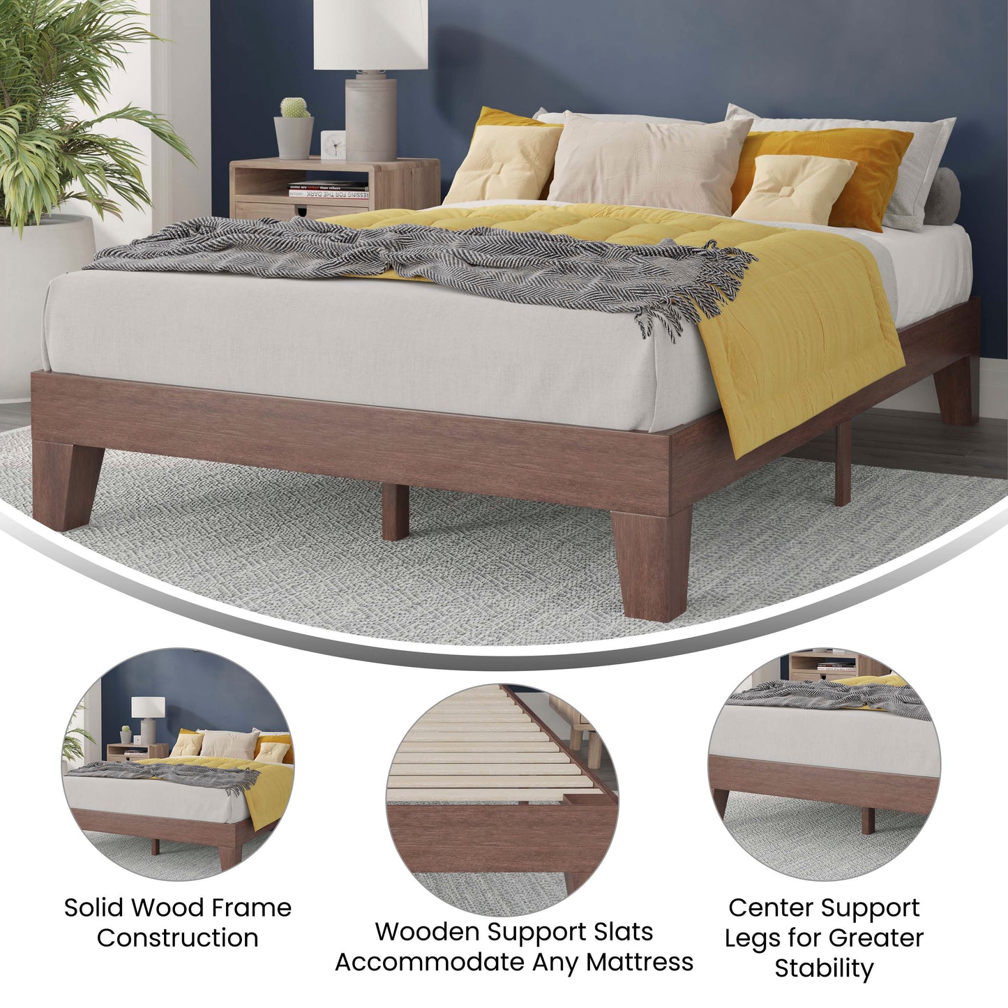 Evelyn Walnut Finish Wood Full Platform Bed with Wooden Support Slats, No Box Spring Required