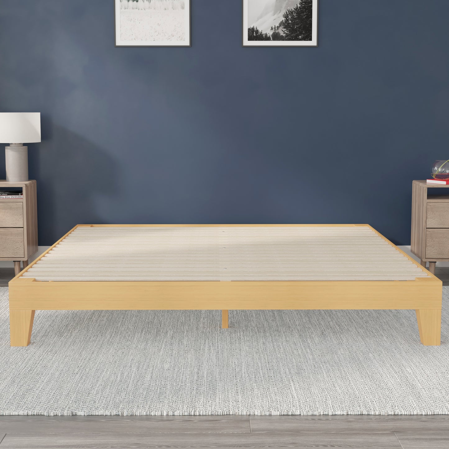 Evelyn Natural Pine Finish Wood King Platform Bed with Wooden Support Slats, No Box Spring Required