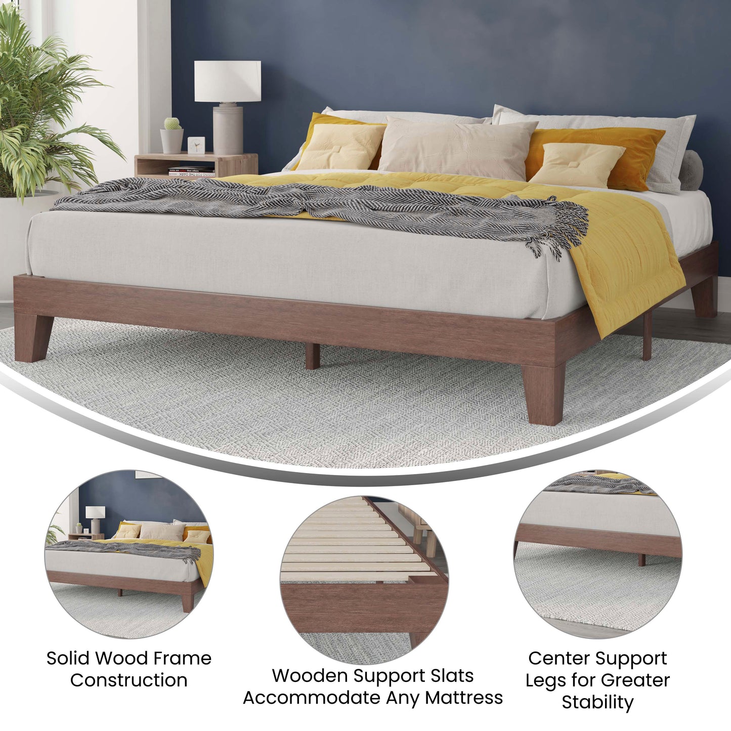 Evelyn Walnut Finish Wood King Platform Bed with Wooden Support Slats, No Box Spring Required