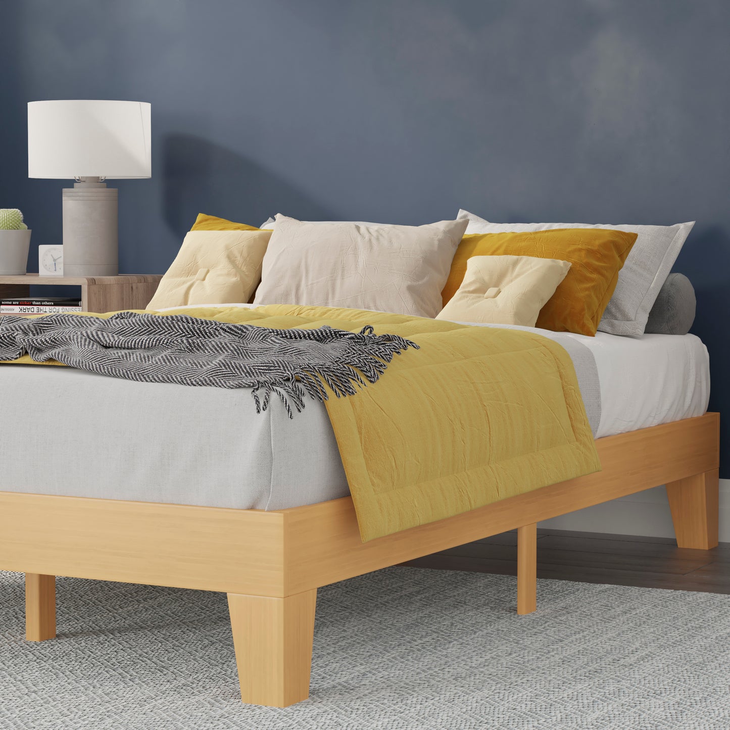 Evelyn Natural Pine Finish Wood Queen Platform Bed with Wooden Support Slats, No Box Spring Required
