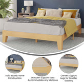 Evelyn Natural Pine Finish Wood Queen Platform Bed with Wooden Support Slats, No Box Spring Required