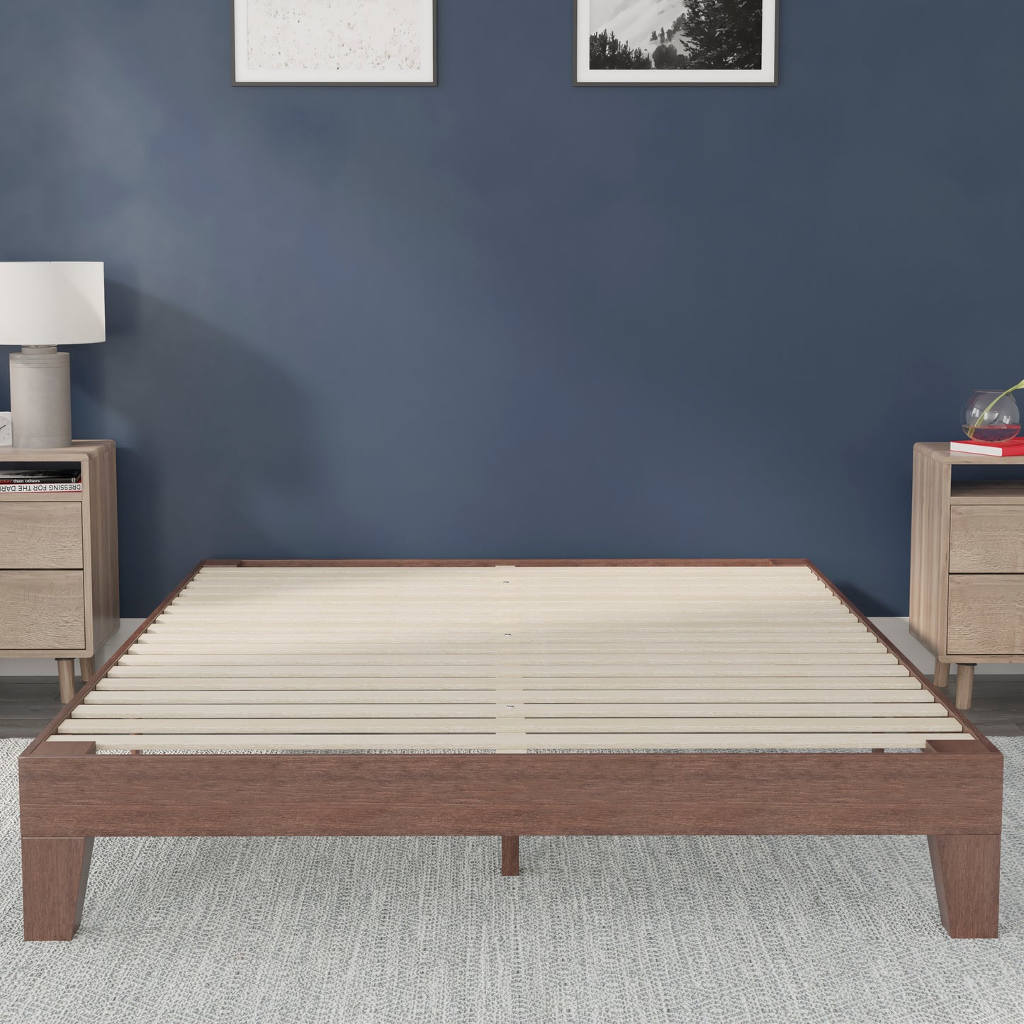Evelyn Walnut Finish Wood Queen Platform Bed with Wooden Support Slats, No Box Spring Required