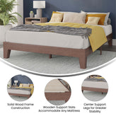 Evelyn Walnut Finish Wood Queen Platform Bed with Wooden Support Slats, No Box Spring Required