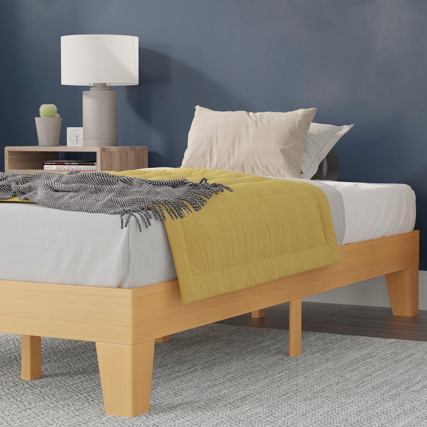 Evelyn Natural Pine Finish Wood Twin Platform Bed with Wooden Support Slats, No Box Spring Required