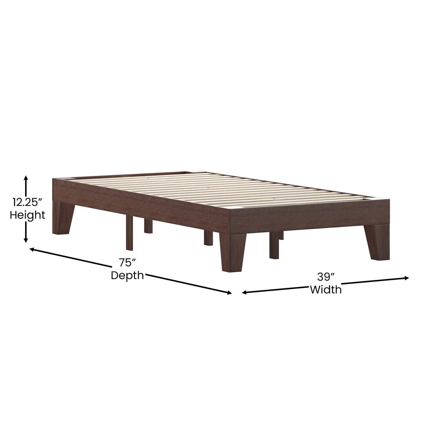 Evelyn Walnut Finish Wood Twin Platform Bed with Wooden Support Slats, No Box Spring Required