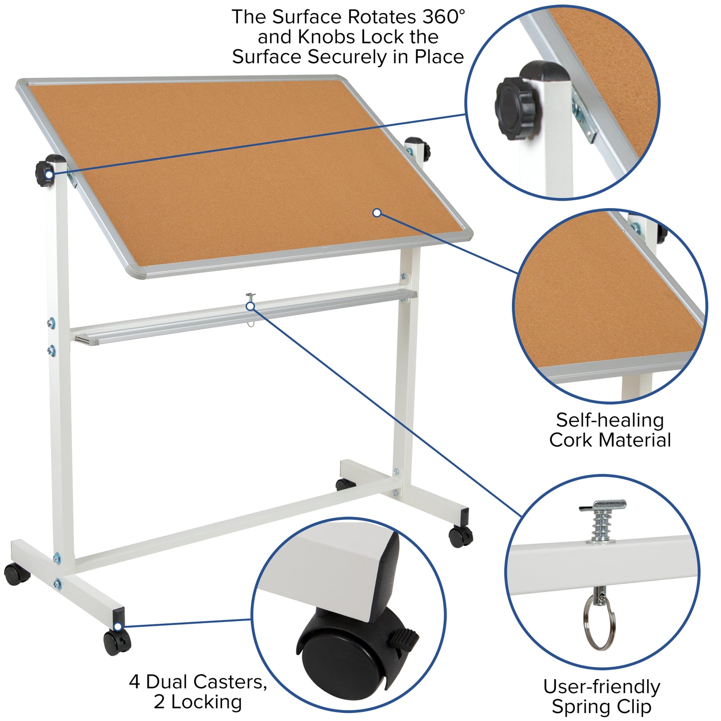 HERCULES Series 45.25"W x 54.75"H Reversible Mobile Cork Bulletin Board and White Board with Pen Tray