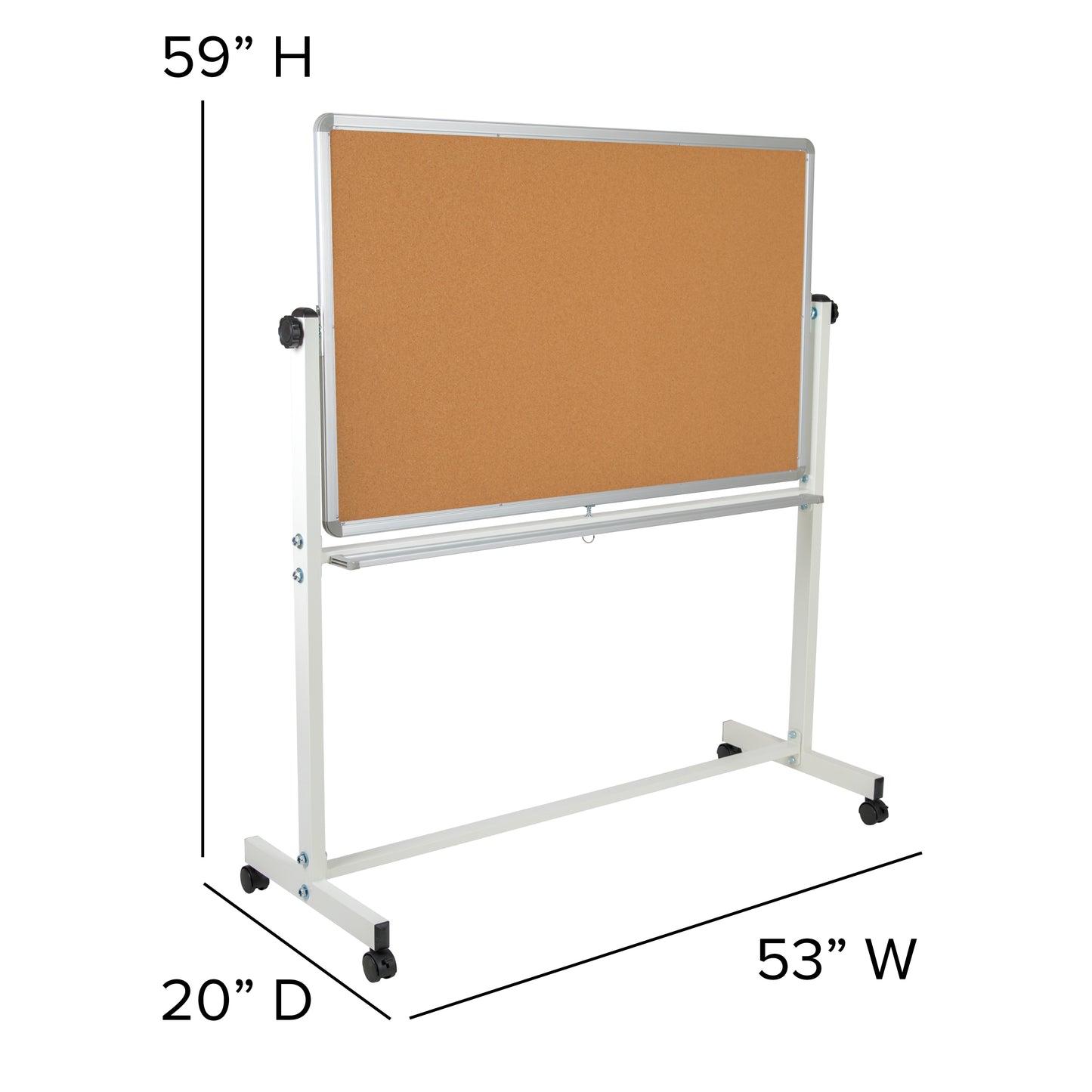 HERCULES Series 53"W x 59"H Reversible Mobile Cork Bulletin Board and White Board with Pen Tray